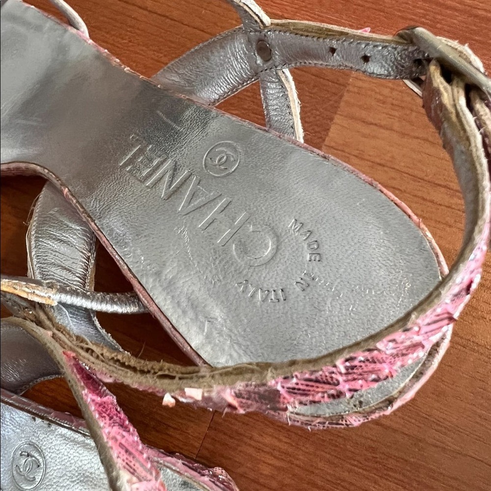 Chanel Multi-color Metallic Open Toe Snakeskin Slingback Silver Sandals Size 38 - Picture 10 of 15